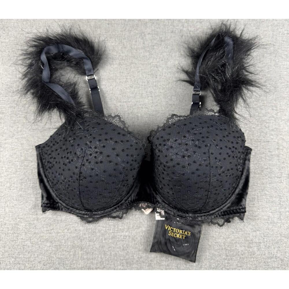 Victoria's Secret Black Lace Velvet Faux Fur Plunge Demi Bra Size 34D Black NWT